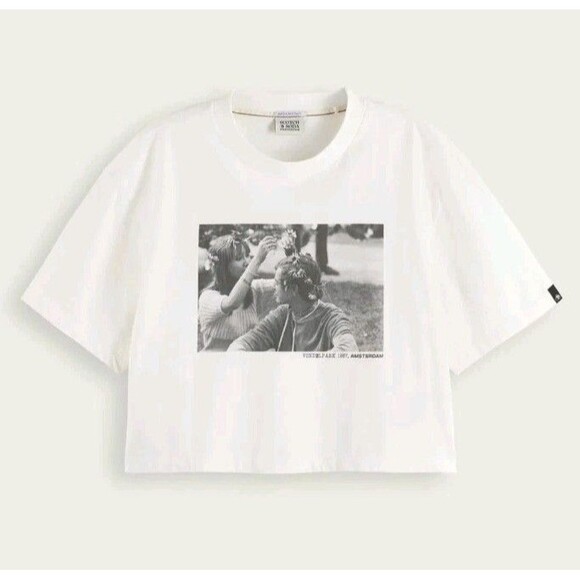 Scotch & Soda Crop T-Shirt Graphic Tee Size XS Ivory - Picture 11 of 14